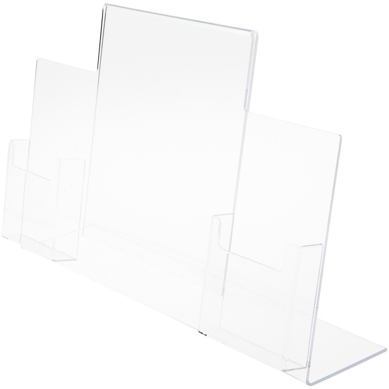 Plymor Clear Acrylic Slanted-Back Countertop Sign Holder with Tri-Fold Brochure Pocket on Right & Left, 11" H x 13" W x 5" D